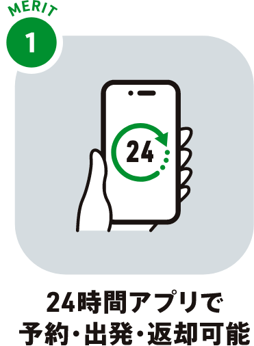 24時間アプリで予約・出発・返却可能